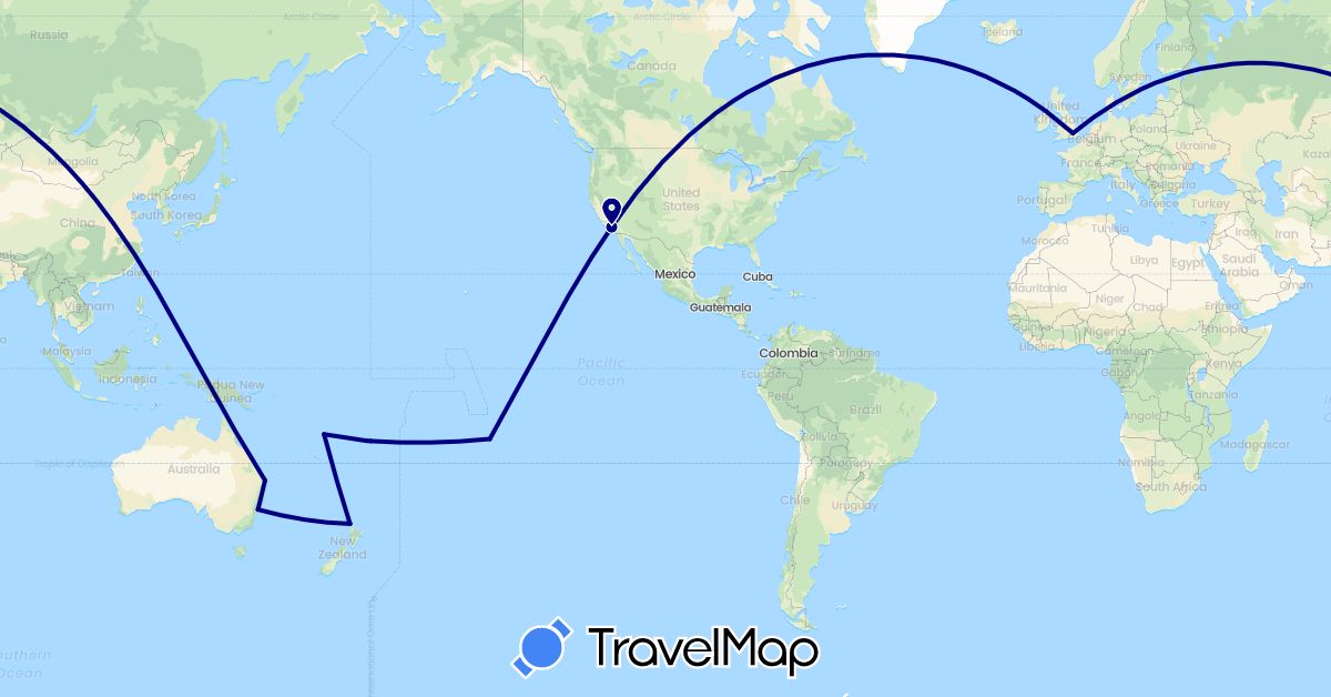TravelMap itinerary: driving in Australia, Fiji, France, United Kingdom, New Zealand, United States, Vanuatu (Europe, North America, Oceania)