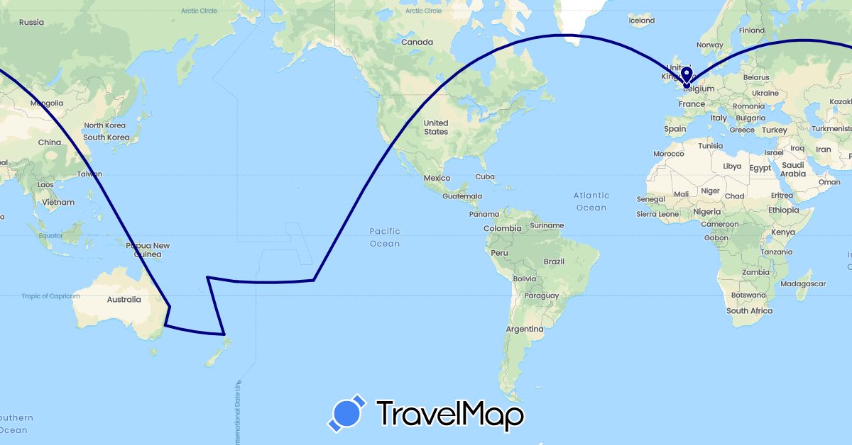 TravelMap itinerary: driving in Australia, Fiji, France, United Kingdom, New Zealand, United States, Vanuatu (Europe, North America, Oceania)
